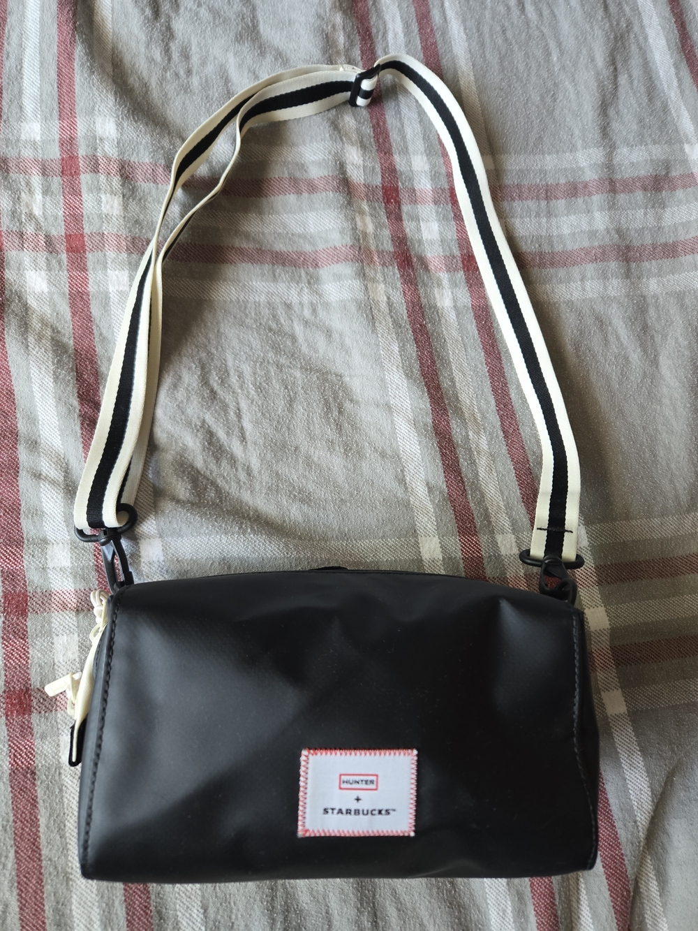 Hunter Black Messenger Bag with White and Black Striped Strap